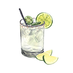 Summer cocktail, spicy lime margarita in a short glass and salt, pepper jalapeno. Watercolor hand-drawn illustration isolated on white background. Perfect for recipe alcoholic lists with drinks