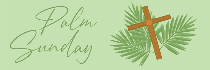 Text PALM SUNDAY, cross and branches on green background 