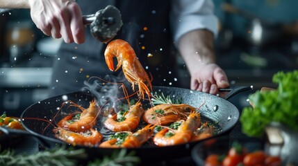 Seafood, professional chef preparing prawns with sprigg beans. Cooking seafood, healthy vegetarian food and food on a dark background - generative ai - obrazy, fototapety, plakaty
