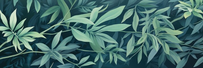 Green leaves and stems on a Green background - obrazy, fototapety, plakaty