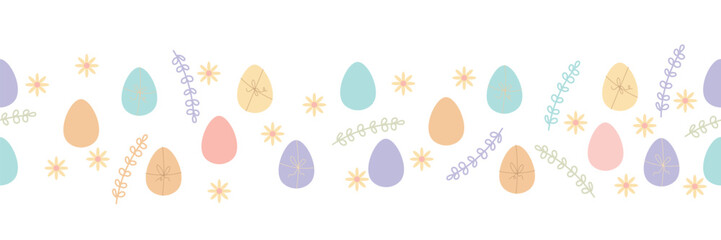 Easter pattern with dyes eggs and flowers on white background