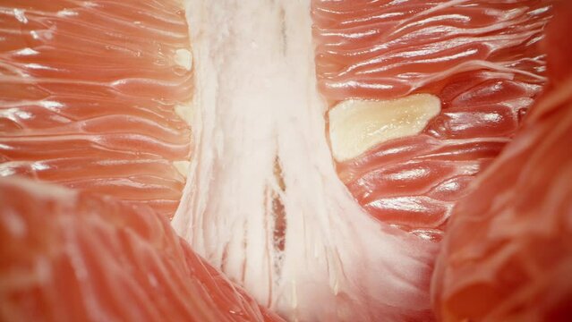 Macro slider through the red juicy flesh of a Pomelo. Dolly