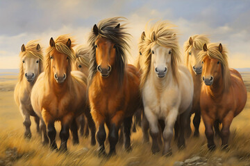 Painting of beautiful and cute Shetland ponies, mini horse breed with beautiful mane, group standing on a meadow, in Icelandic nature field, and looking at the camera - obrazy, fototapety, plakaty
