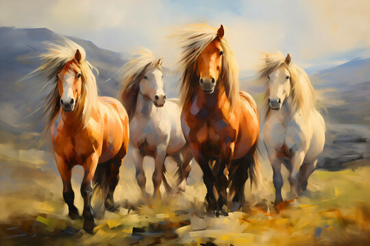 Painting of beautiful and cute Shetland ponies, mini horse breed with beautiful mane, group standing on a meadow, in Icelandic nature field, and looking at the camera