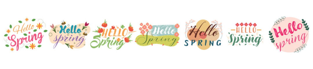 Set of inscriptions HELLO, SPRING on white background