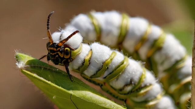 Macro close-up retrato orugas sobre una hoja.