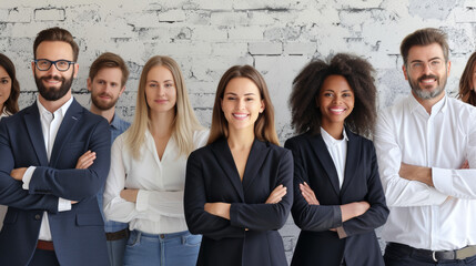 Group of businesswoman and businesspeople Standing in Front of a Brick Wall