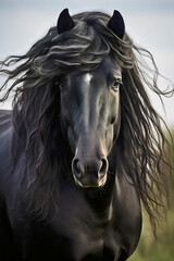 Closeup portrait photography of a beautiful black horse standing on the green meadow, looking at the camera, front view