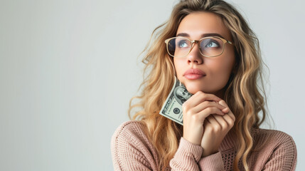 Thinking woman and money with decision, Wealth, finance and wondering person with choice and cash profit from work bonus in studio with white background. investment and savings for budget and reward.  - obrazy, fototapety, plakaty