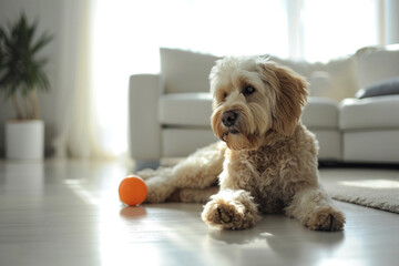 A shaggy brown dog peacefully rests on the floor in front of a white couch, gazing at the camera with a ball by its side in the sunlight
