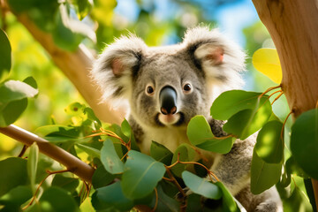 Fototapeta premium Cute and lazy gray Australian koala bear lying on the eucalyptus tree branch, wildlife photography, exotic animal looking at the camera, sunny day