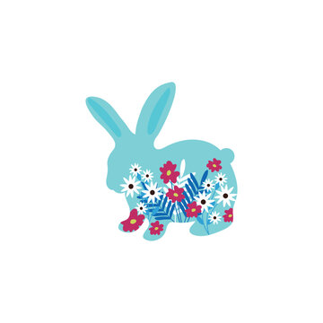 Cute Easter bunny with spring flowers on white background