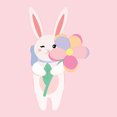 Cute Easter bunny with flower on pink background