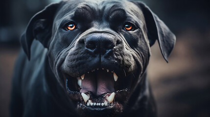 Closeup photography of a dangerous Cane Corso dog breed barking, looking at the camera. Angry and...