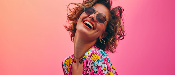 A woman wearing pink sunglasses and smiling with a vibrant pink hairpiece and bold lipstick strikes a pose in her statement sunglasses, exuding confidence and embracing her unique sense of style