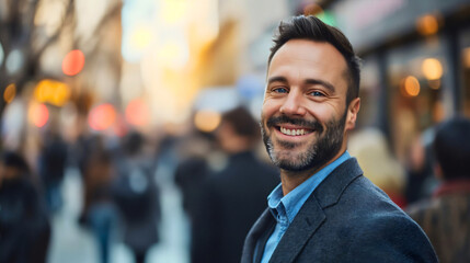 Fototapeta premium Closeup of a handsome businessman wearing an elegant suit. Looking at the camera, and smiling. Standing in on the city street, male company executive or CEO portrait, crowd blurred in the background