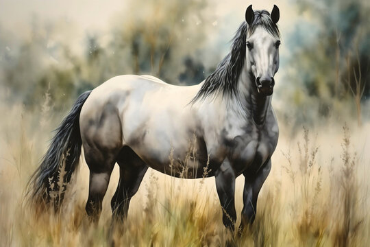 Grulla, grullo or black dun, domestic horse animal in nature painting
