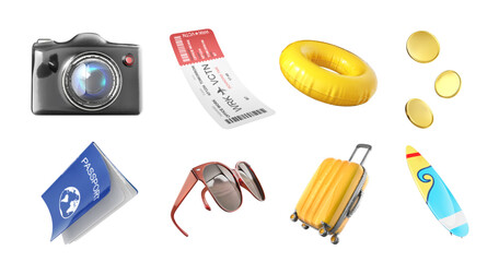 Set of travel theme images on white background. Vector illustration