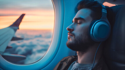 Closeup of a handsome young man with a beard sitting in an airplane seat indoors next to the window, wearing the blue headphones or headset. Relaxing on a flight, clouds and sunset seen outside - obrazy, fototapety, plakaty