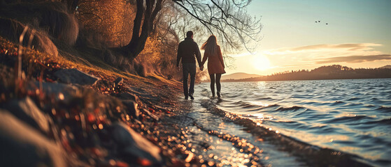 Two People Walking Along the Shore of a Lake