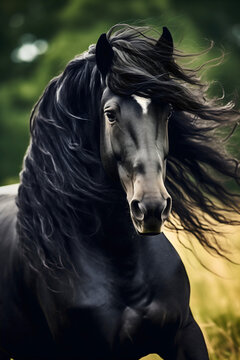 Closeup portrait photography of a beautiful black horse standing on the green meadow, looking at the camera, front view