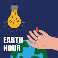 Poster with planet, hand turning off the light and text EARTH HOUR