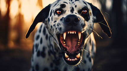 Closeup photography of a dangerous Dalmatian dog breed barking on the city street, looking at the...