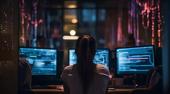 A woman writing code or hacking in front of illuminated computer screens in a dark room