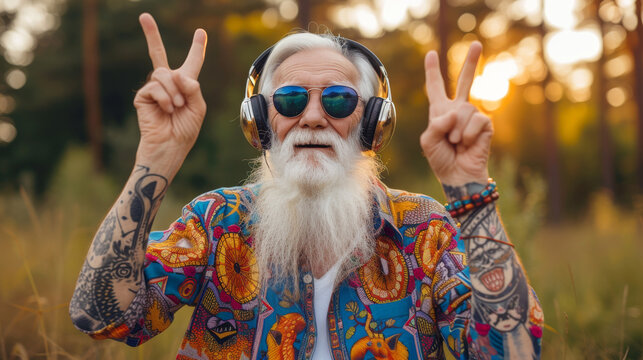 Bearded Man With White Hair Wearing Headphones and Making a Peace Sign