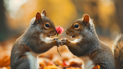 Obraz premium Romantic scene featuring two cute squirrel animals. One is giving a beautiful pink flower to another, standing on the orange autumn leaves in the nature city park