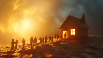 Fototapeta premium A community coming together to build a new house for a family in need, with copy space, dynamic and dramatic composition, with copy space