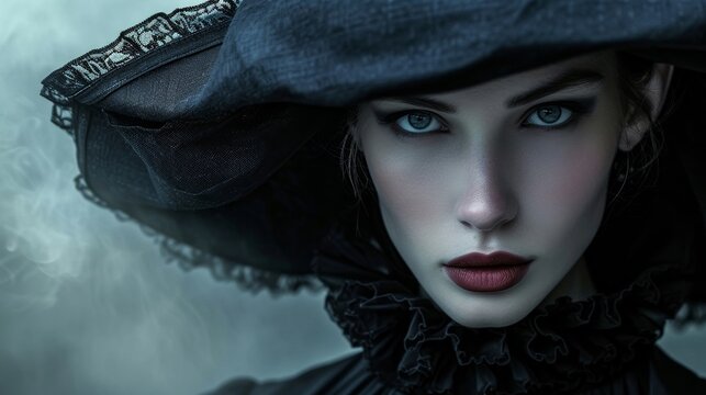 A gothic doll with a human face dons a black hat, adding a touch of mystery and edginess to her fashionable portrait