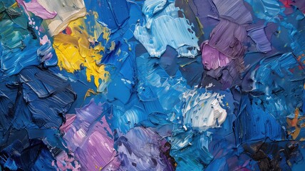 A vivid abstract oil painting with strokes of yellow, blue, and purple