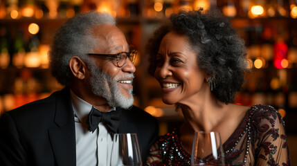 Elegant Senior African American Couple Enjoying a Toast in a Warmly Lit Fine Dining Setting
