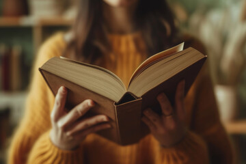 Woman in an orange sweater holds an open book in her hands, focus on the book. Close-up open book.