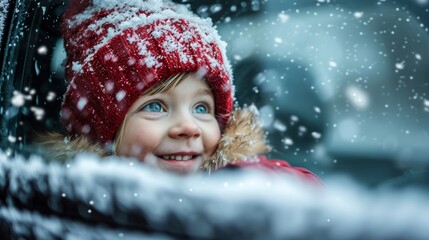 A young girl in a bright red hat and a face full of joyful smiles braves the winter wonderland, with snowflakes gently dusting her precious baby features