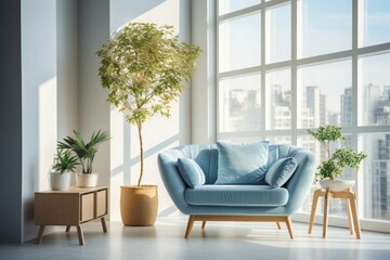 Interior design. modern living room with sofa and blue chair against big window. Luxury cozy life concept