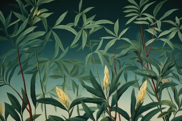 Green leaves and stems on a Maroon background