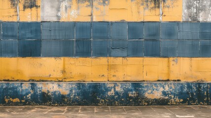 Fototapeta premium Aged blue and yellow wall texture with peeling paint