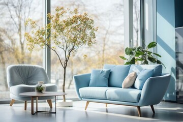 Interior design. modern living room with sofa and blue chair against big window. Luxury cozy life concept