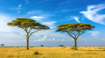 Fototapeta premium Majestic acacia trees against a clear blue sky on savannah plains