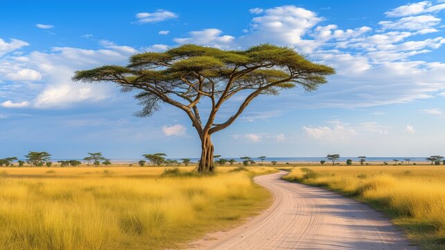 Acacia tree towering over a tranquil savanna path under a blue sky