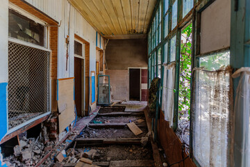 Ruined residential building. Consequences of war, explosion, earthquake or other disaster concept