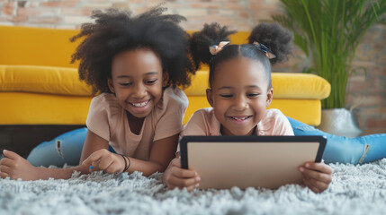 Two Young Girls Laying on the Floor Looking at a Tablet