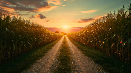 Rural landscape of a soil countryside ground road in the middle of two corn fields at the golden hour sunset. Green plant maize, agriculture farming land growth, harvest season, cob leaves horizon - obrazy, fototapety, plakaty