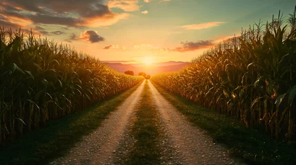 Foto auf Acrylglas Rural landscape of a soil countryside ground road in the middle of two corn fields at the golden hour sunset. Green plant maize, agriculture farming land growth, harvest season, cob leaves horizon © Nemanja