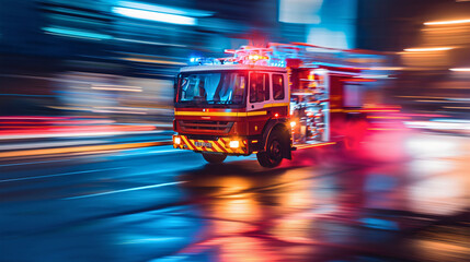 Emergency firefighting department driving a truck at a fast speed at night through the city streets...