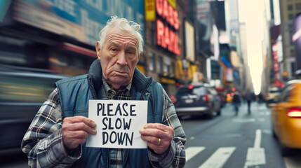 Senior old man standing on a city street crosswalk and holding a paper or sign with a text "PLEASE SLOW DOWN". Cars passing by blurred in motion, asking for drivers caution and warning to drive safely