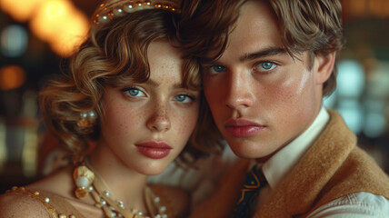 portrait of couple posing in retro roaring 1920s clothing 