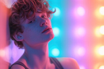 Dreamy Neon Gaze: Young Person Contemplating in Vibrant Lights
